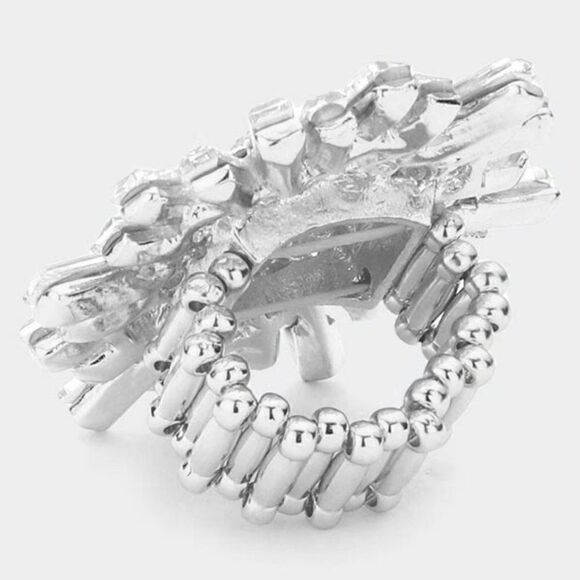 Round Rectangle Abalone Stone Cluster Rhodium Stretch Ring NWT - Picture 4 of 6